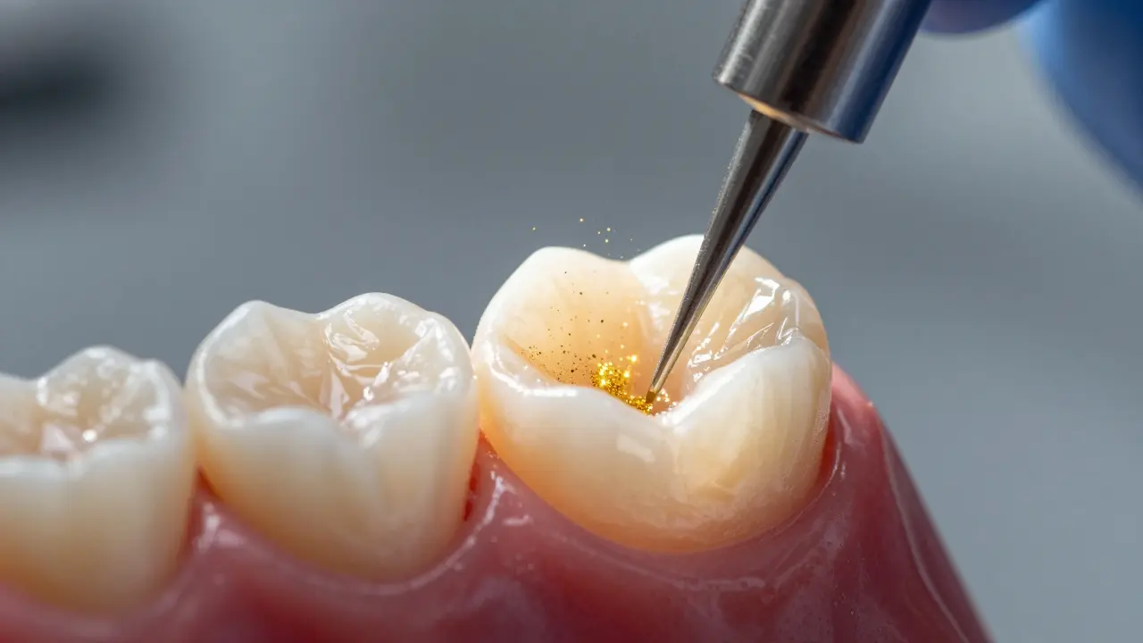 Detail aplikace skloionomerní plomby uvolňující ochranné fluoridy do zuba.