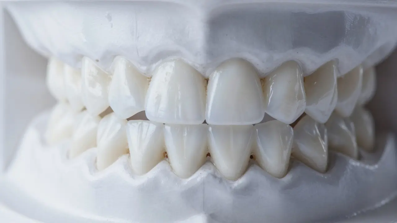 Makro detail opotřebovaných hran zubů v důsledku skřípání.