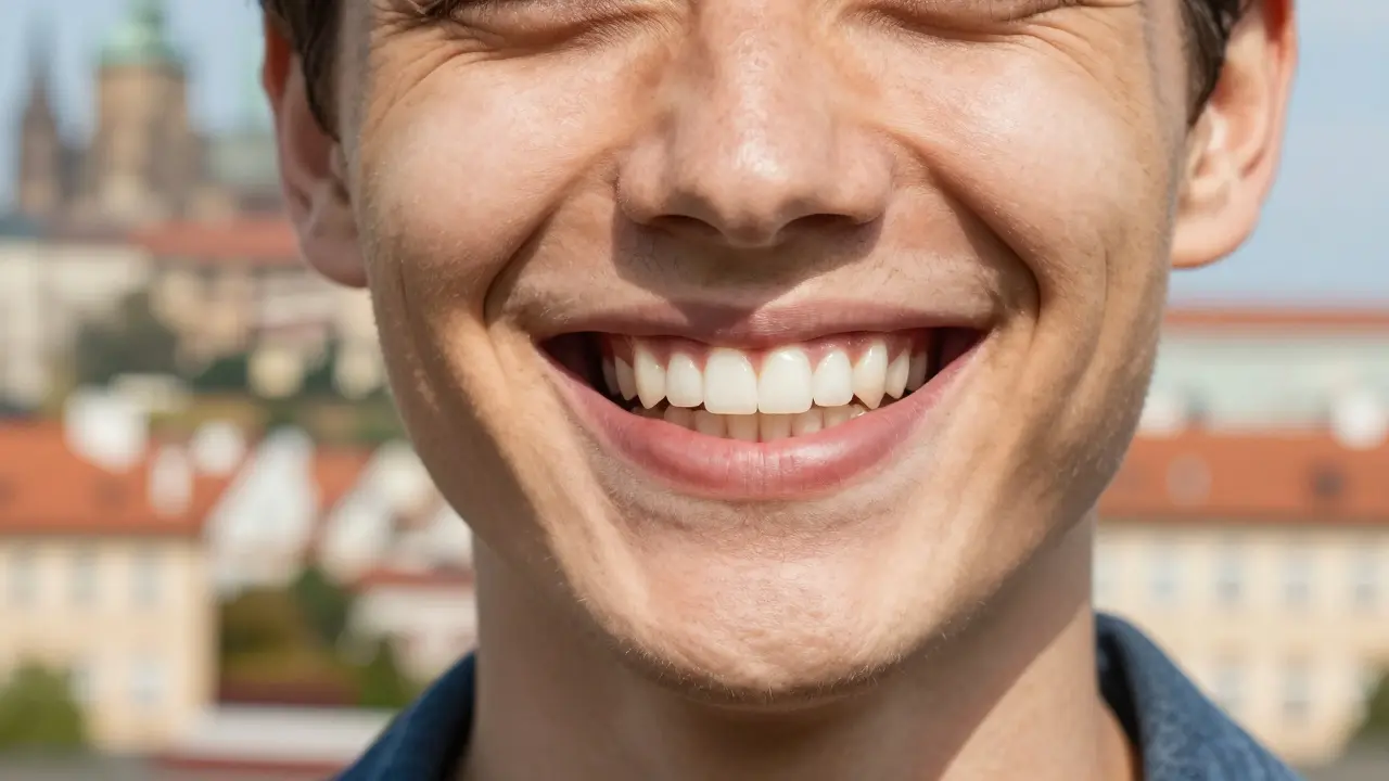 Šťastný člověk s perfektním úsměvem v centru Prahy.