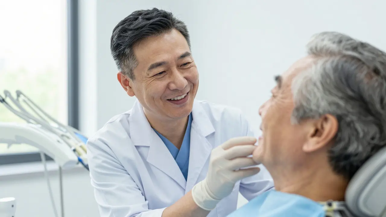 Dentist examining senior patient's teeth in a bright clinic