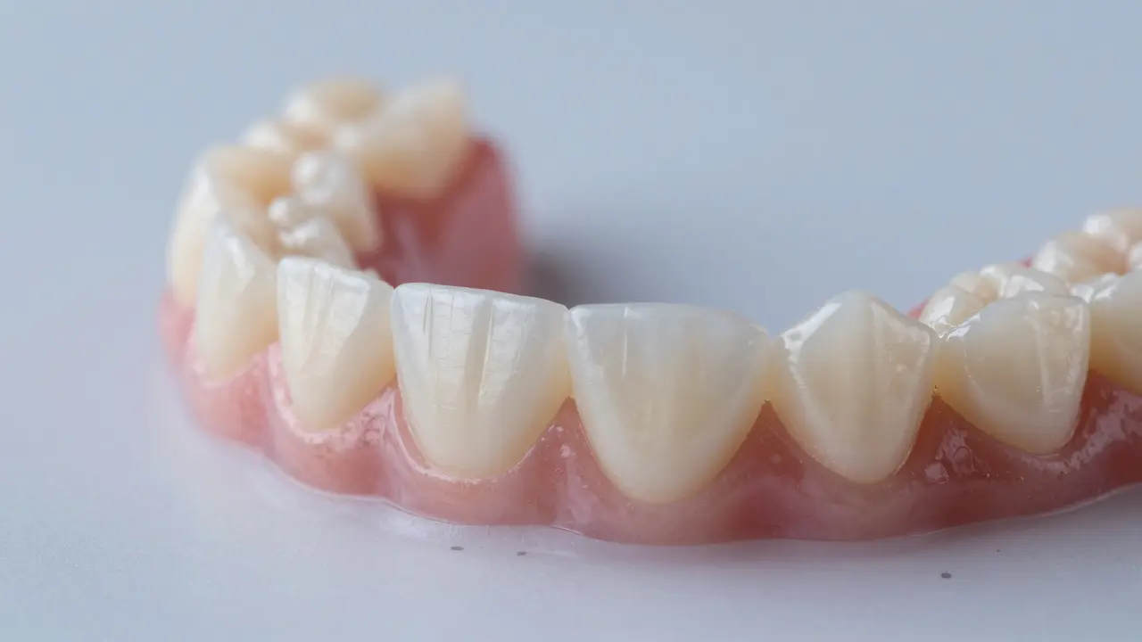 Detail moderních keramických zubů vedle tradičních dentur