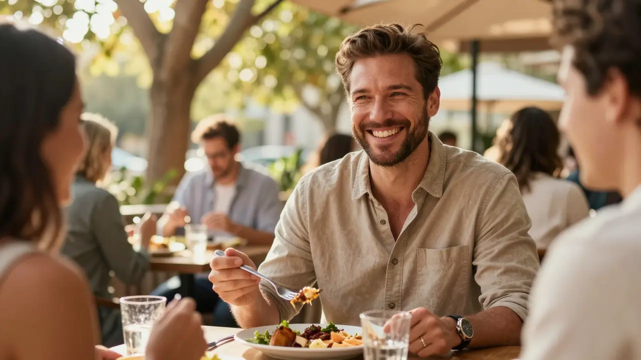 Důvěryhodný člověk se usmívá při jídle v restauraci