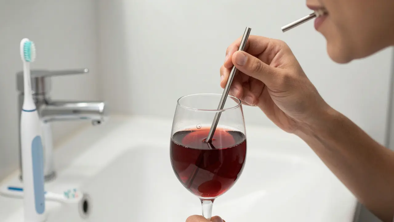 Osoba pijící přes slamku, aby chránila bílé zuby před skvrnami, s hygienickými potřebami na popředí.