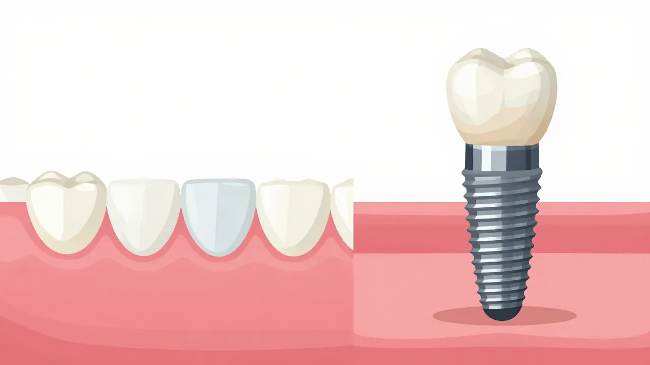 Porovnání implantátu zachovávajícího sousední zuby versus most vyžadující jejich broušení.
