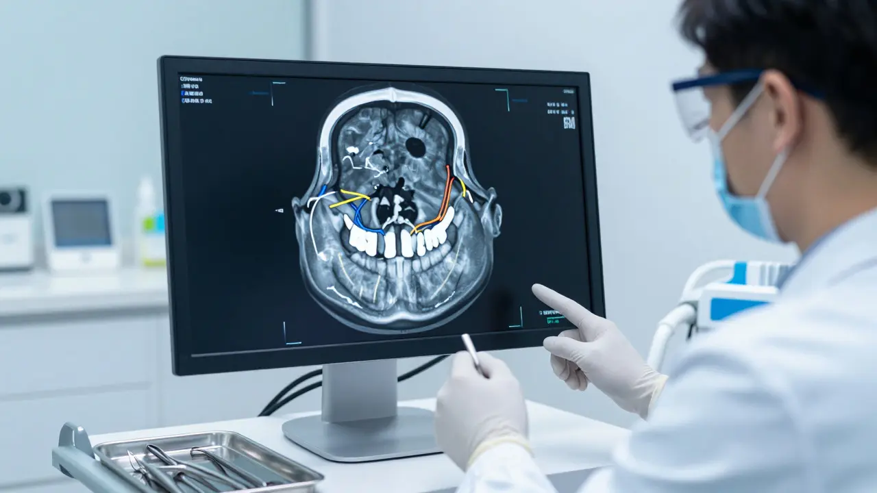 Zubní chirurg analyzuje 3D snímek čelisti na monitore v moderní ordinaci.