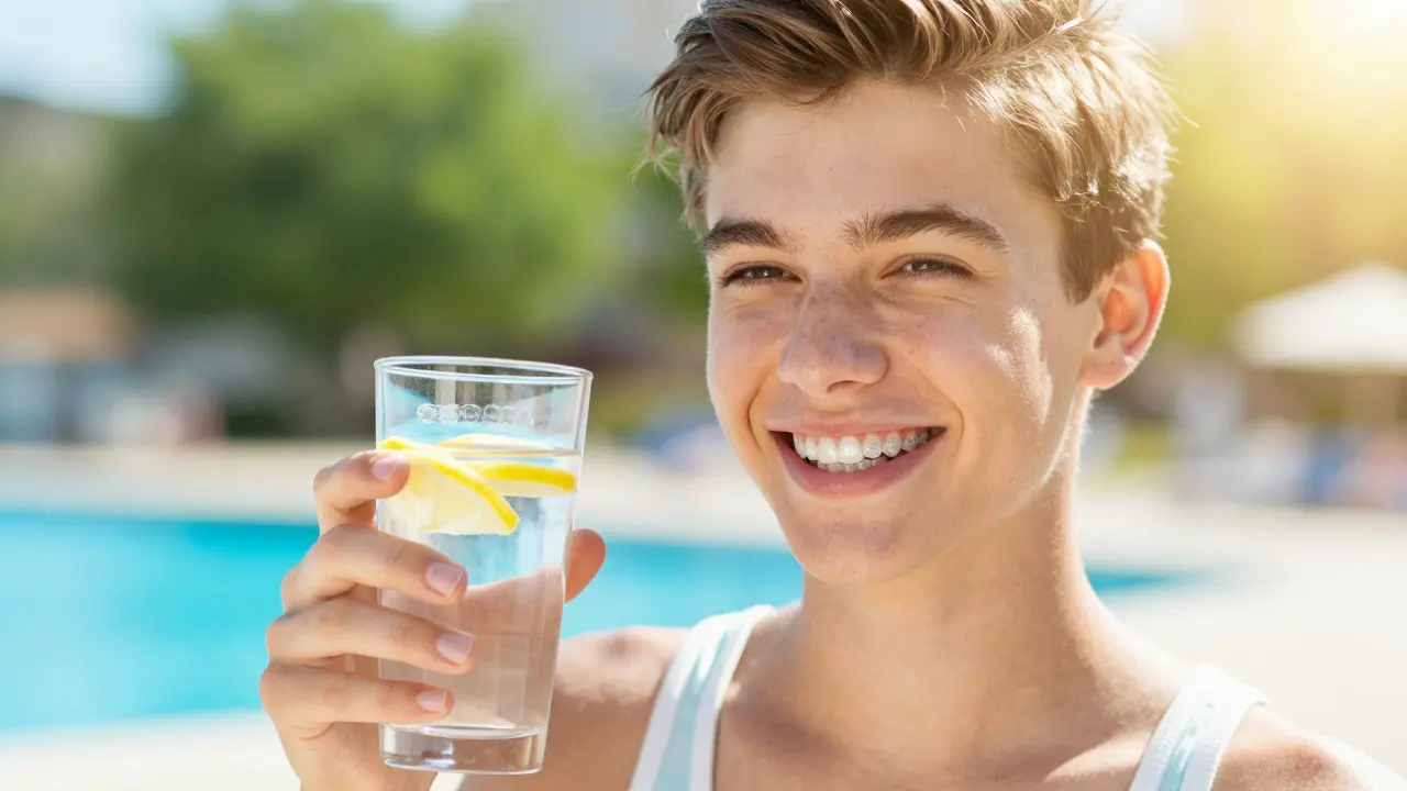 Sebevědomý teenagér usmívající se s dokonalým úsměvem na slunci u bazénu
