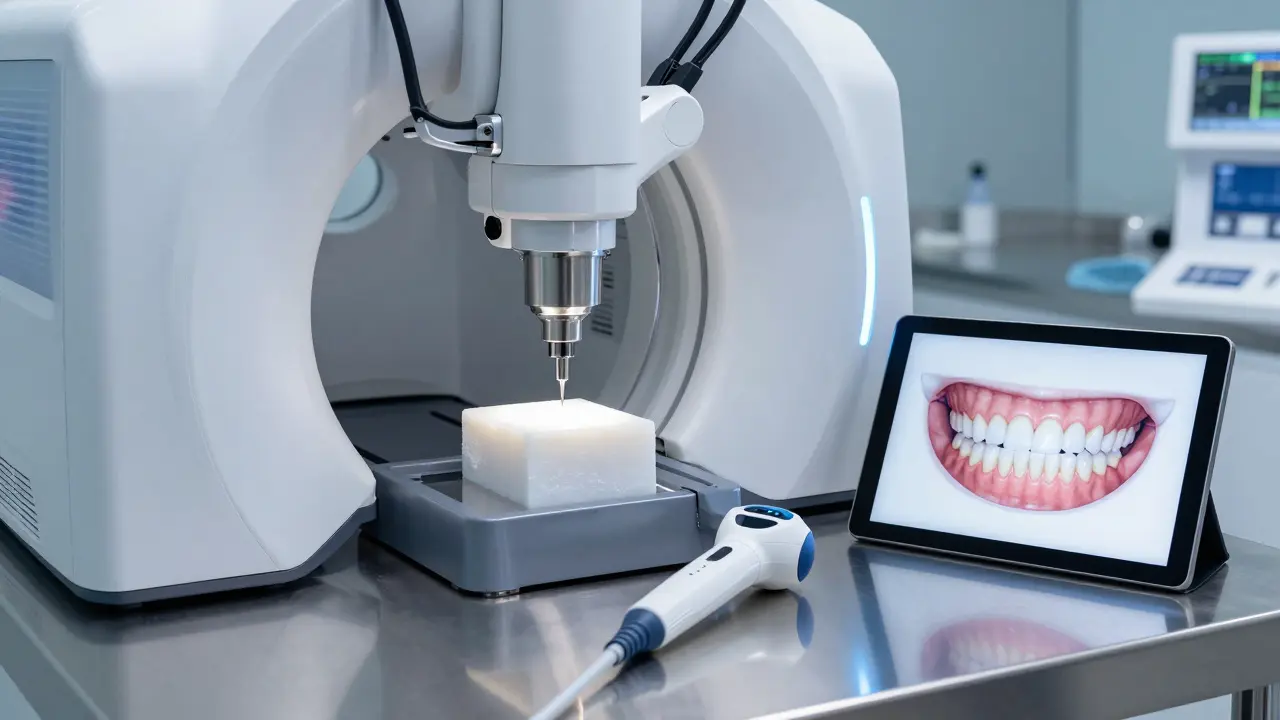 Digitální laboratoř s CAM strojem a skenerem pro zubní náhrady