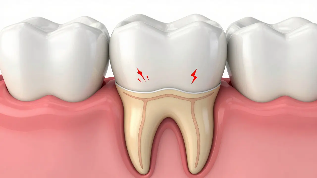 Makro pohled na řez zubem ukazující citlivý dentin a nervové zakončení
