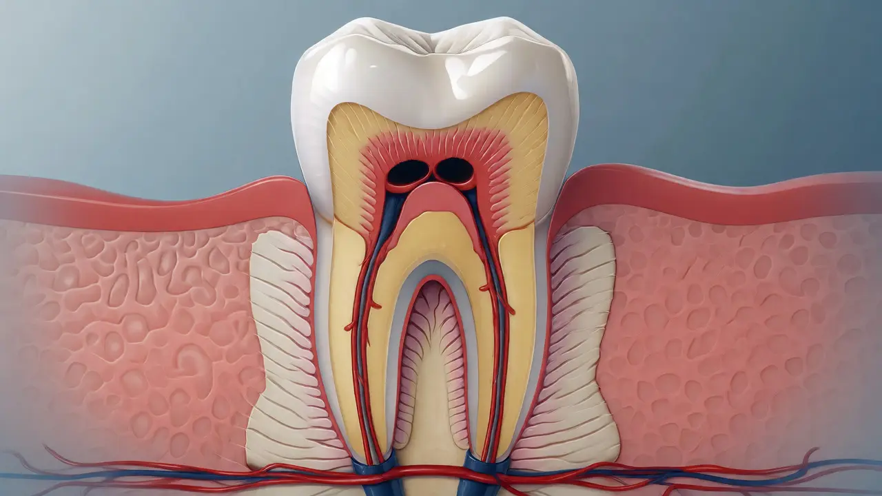 Anatomický řez zubem ukazující sklovinu, dentin a dřeňovou dutinu