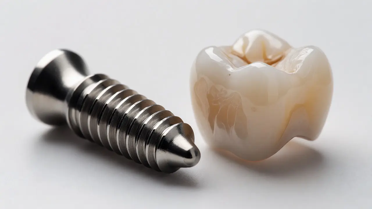 Detail titanového implantátu a přirozeně vypadající korunky na bílém pozadí