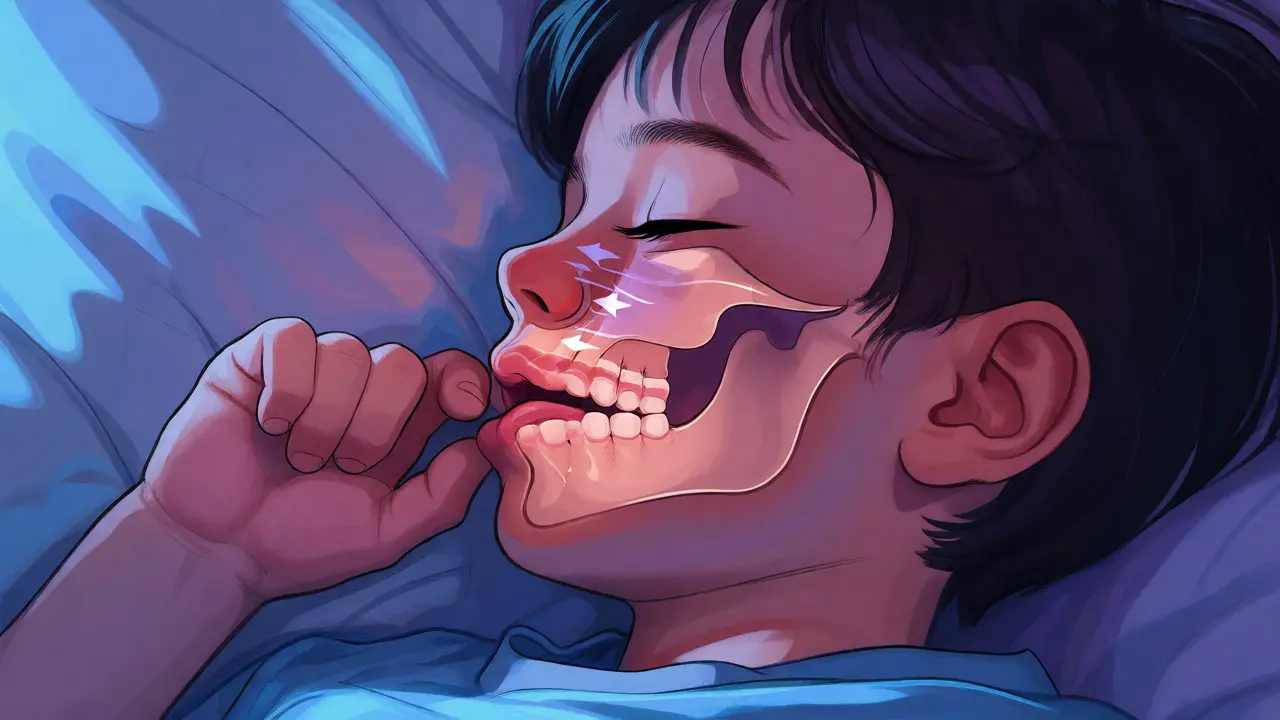 Konceptuální ilustrace tlaku palce na patro a vývoj čelisti během spánku