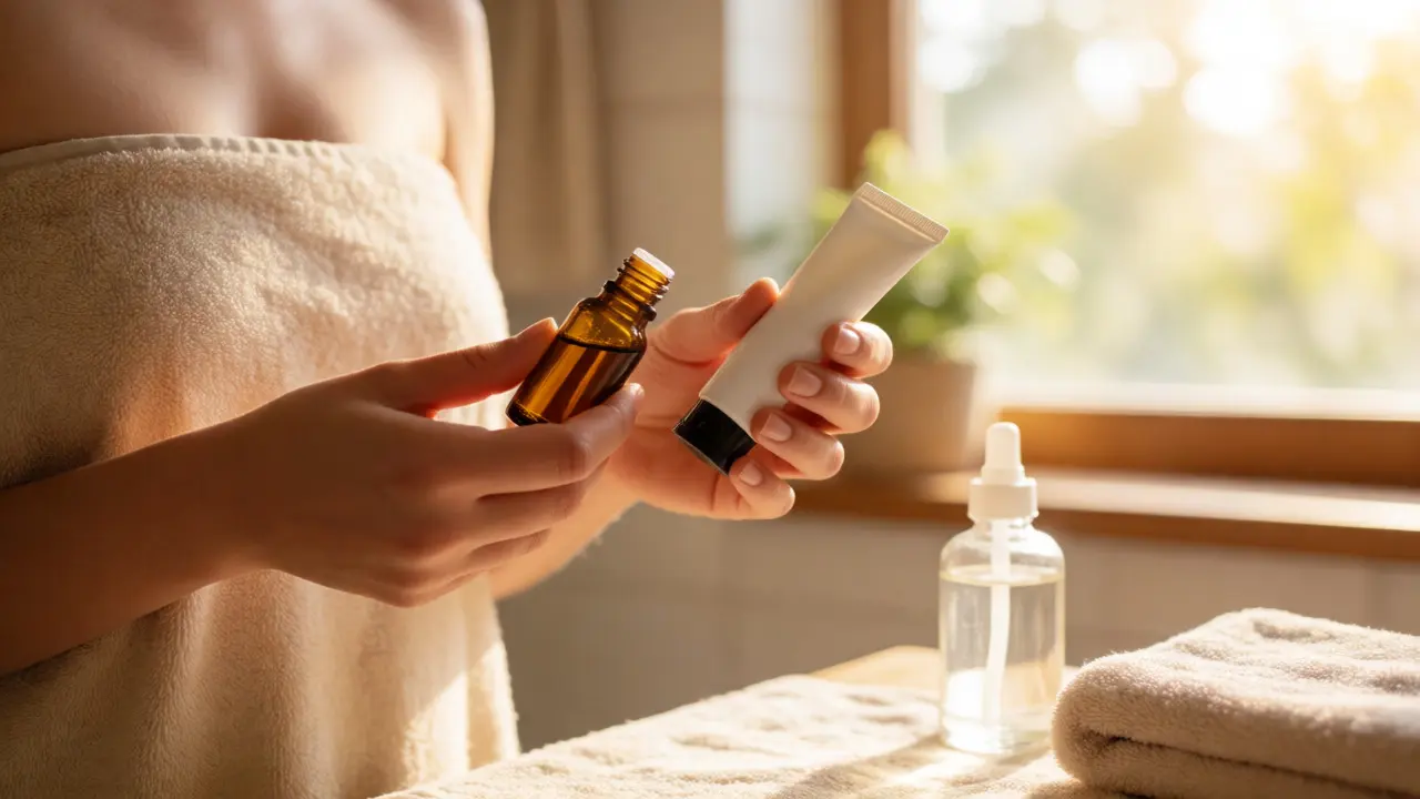 Osoba připravující homeopatické kapky a přírodní pastu v koupelně