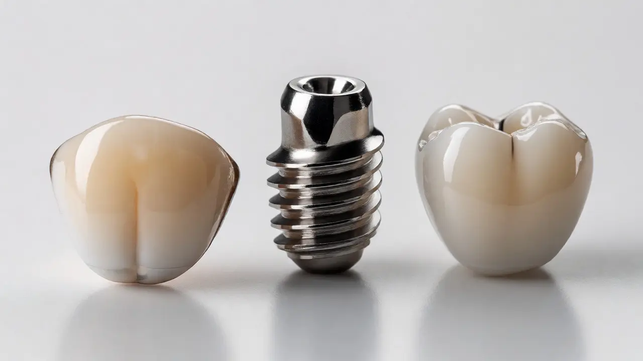 Porovnání kompozitního inlay, titanového implantátu a keramické korunky.
