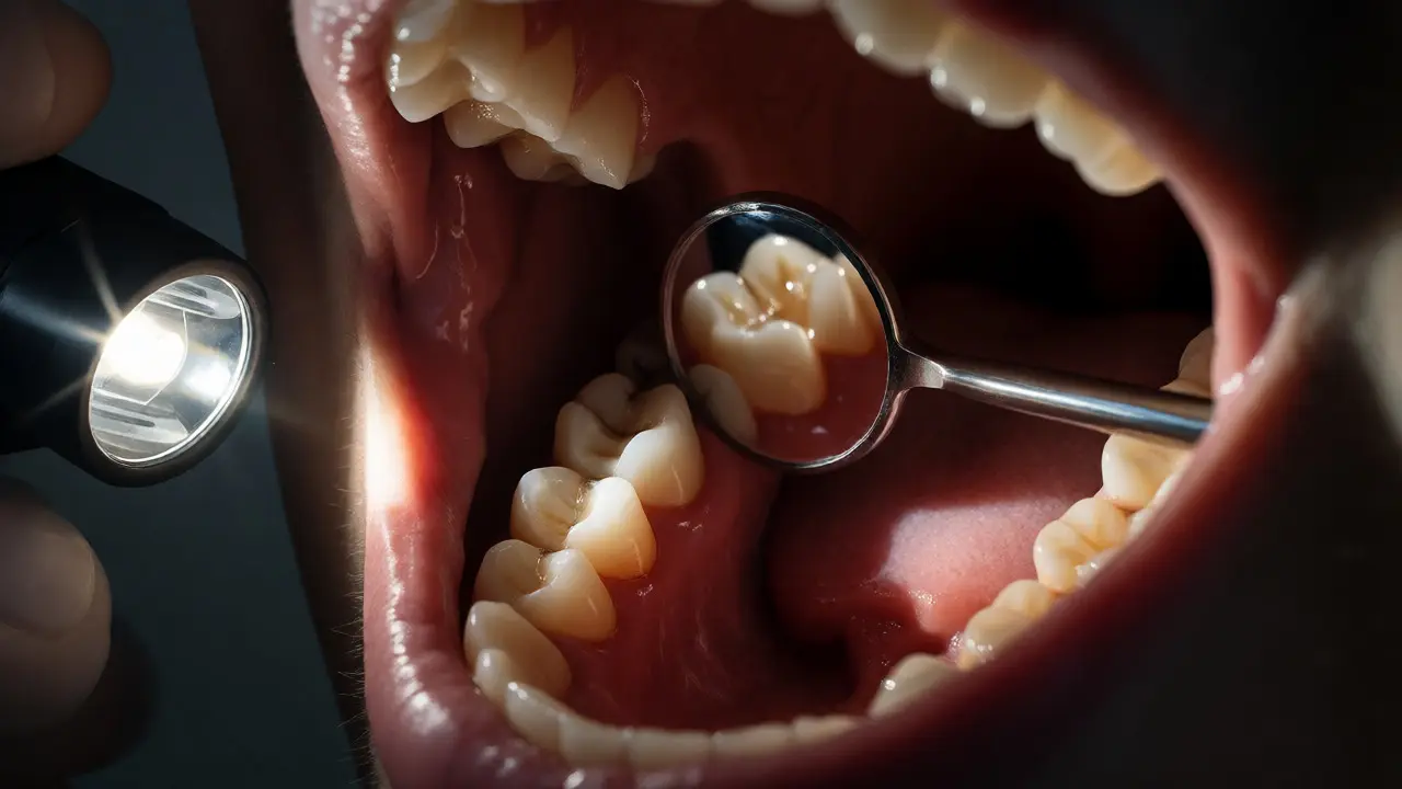 Použití dentálního zrcátka k prohlídce zadních zubů pod šikmým světlem mobilu.