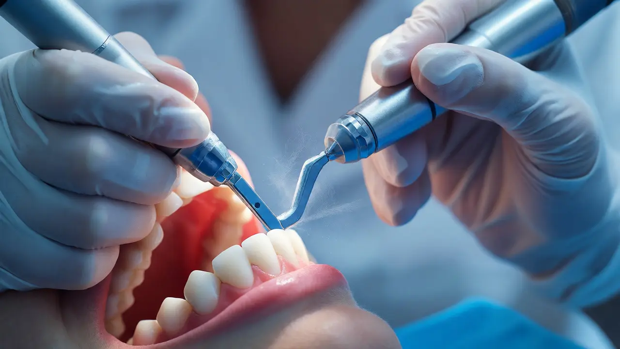 Zubní hygienistka odstraňuje kámen ultrazvukem u pacienta