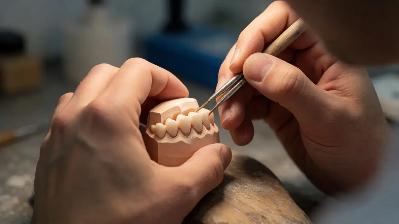Zubní technik ručně nanáší barvy na keramickou korunku