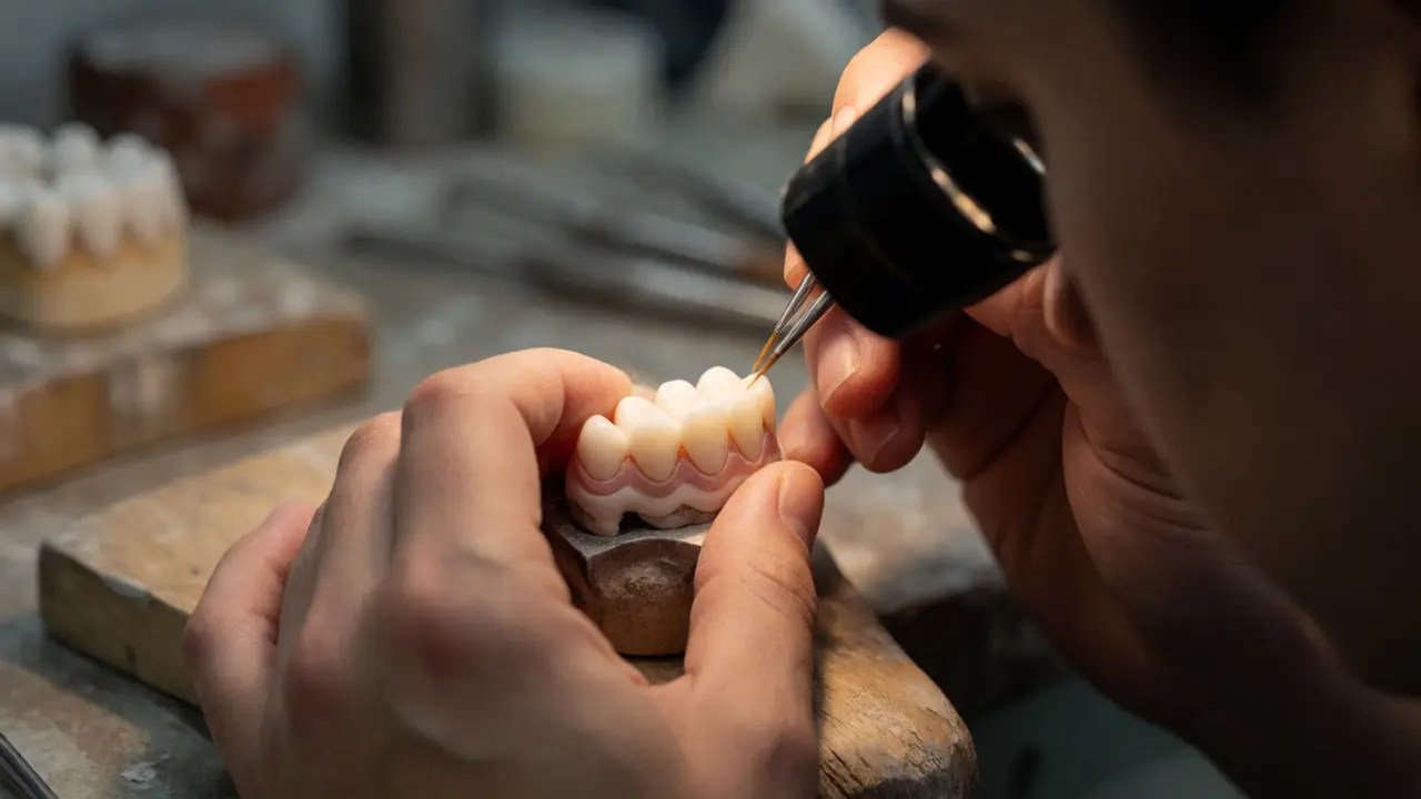 Zubní technik v laboratoři ručně maluje detaily na vrstvenou keramickou korunku pod zvětšovacím sklem.