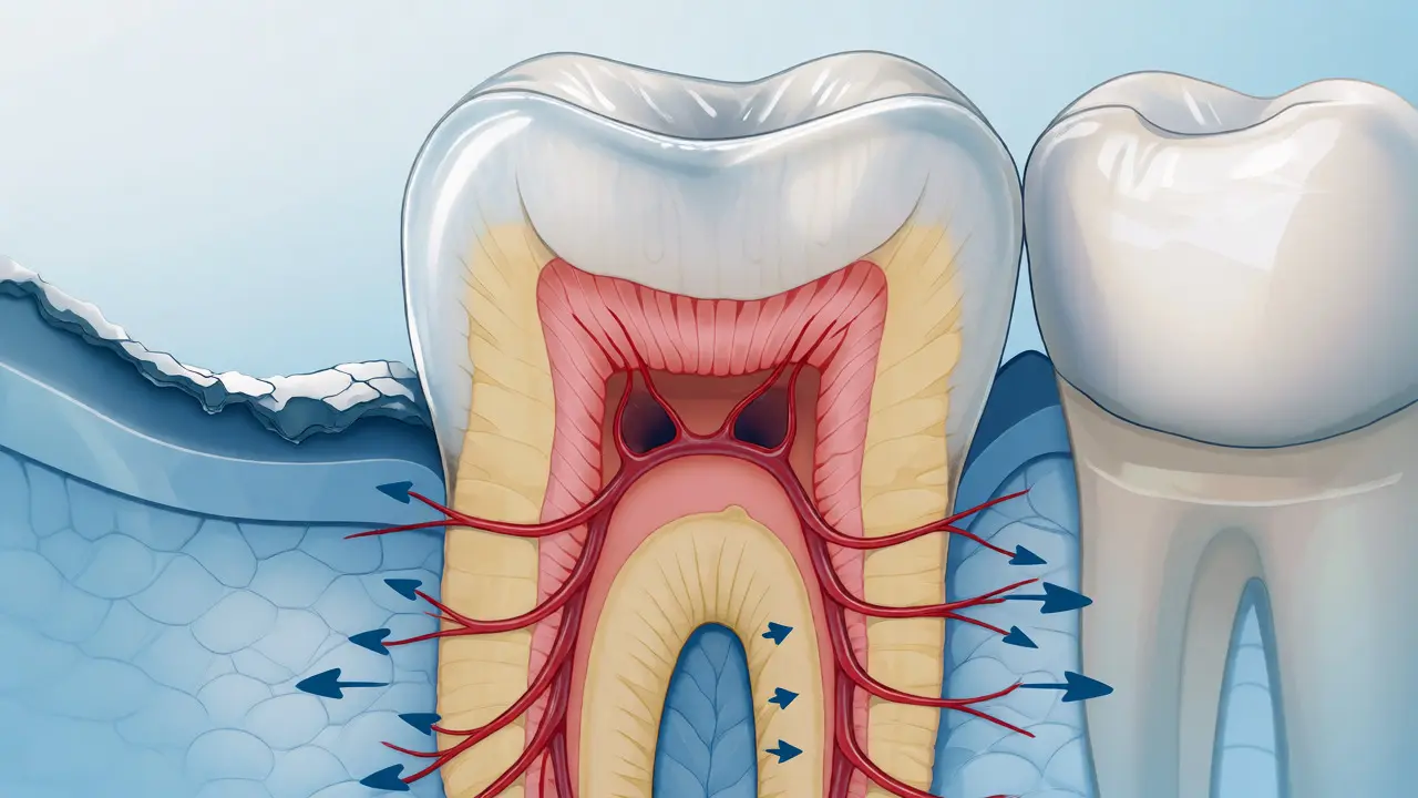 Anatomický řez zubem ukazující opotřebenou sklovinu a odhalený dentin s nervovými zakončeními.
