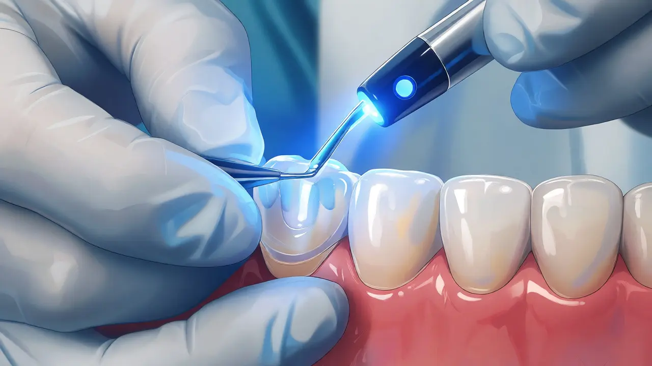 Aplikace dentálního bondingu pomocí pryskyřice a modrého světla