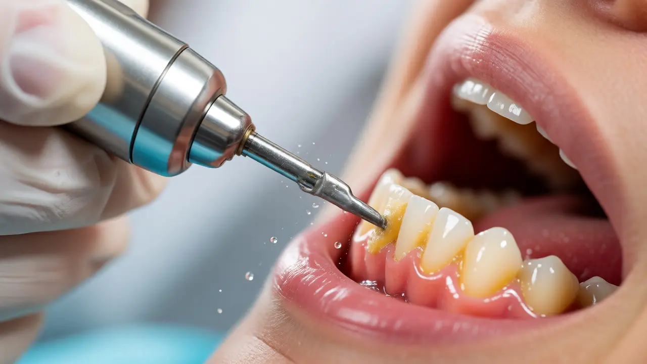 Dentální hygienista odstraňuje zubní kámen ultrazvukovým přístrojem