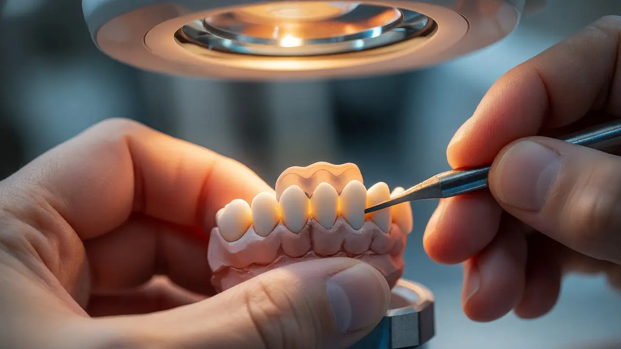 Detailní práce technika na porcelánové zubní fazetě v laboratoři