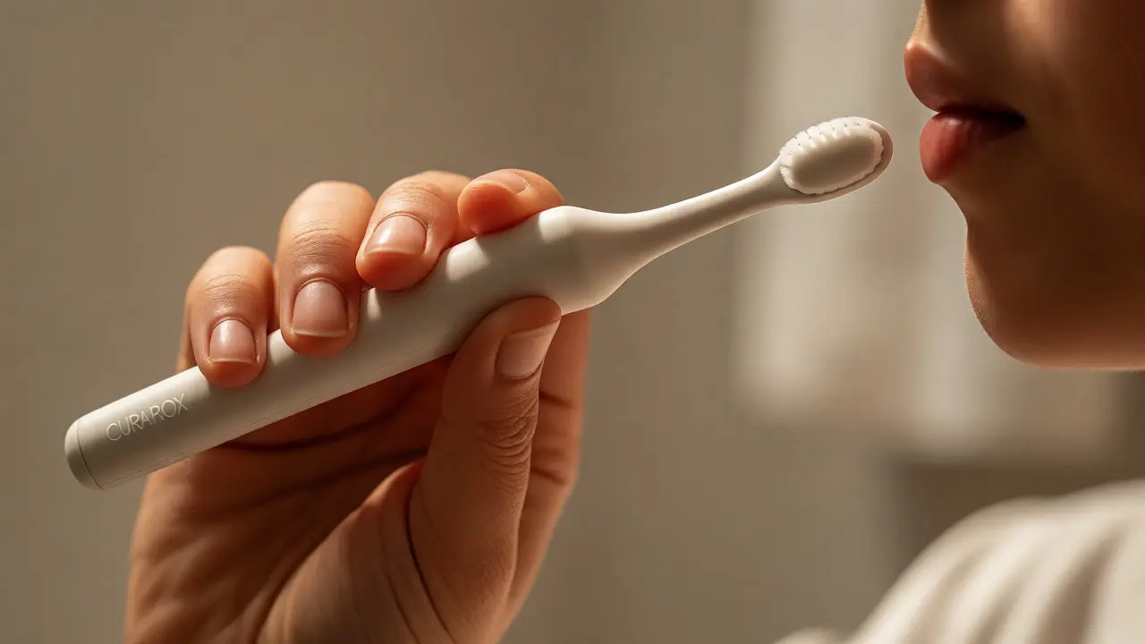 Držení ergonomického Curaprox kartáčku v ruce