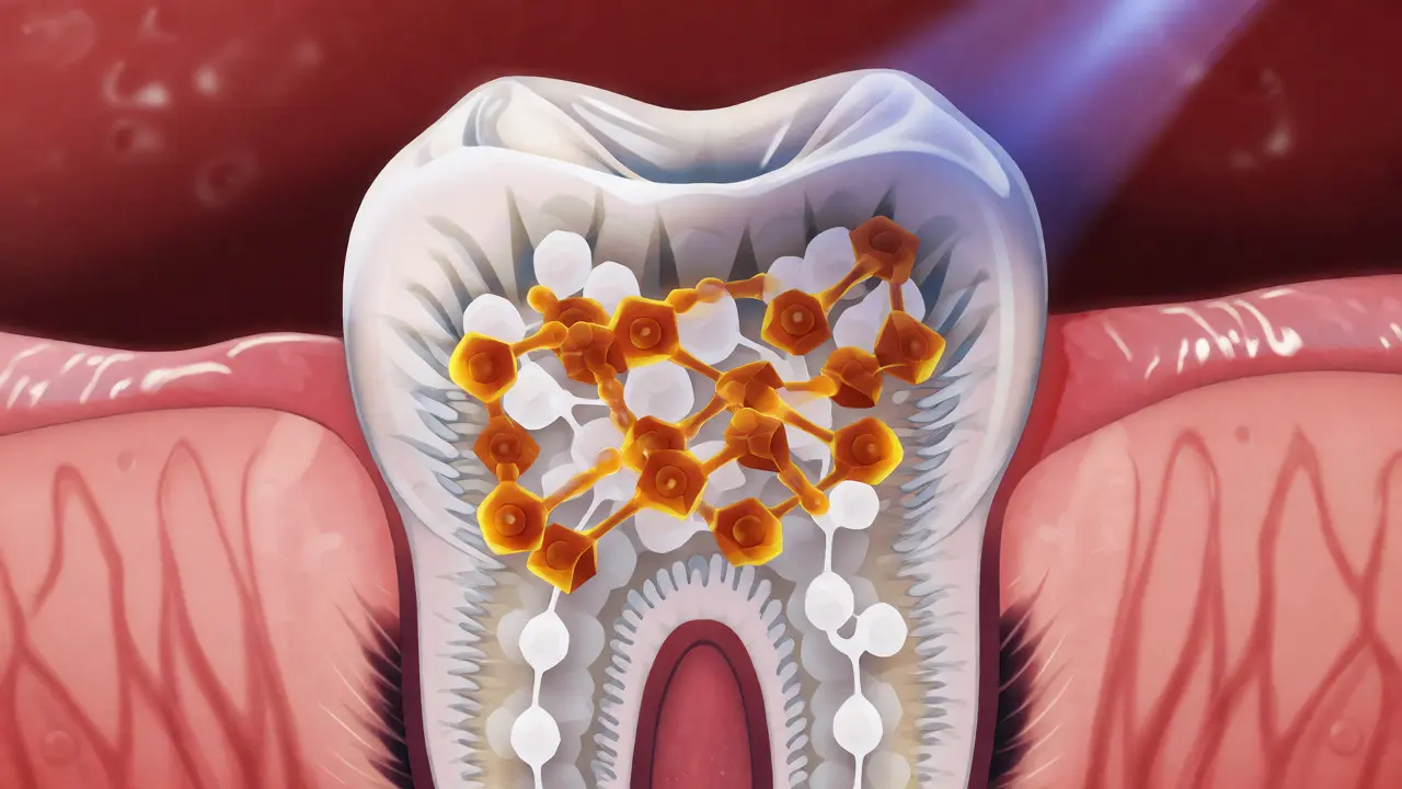 Ilustrace vazby molekul antibiotika na vápník ve vyvíjejícím se zubu.