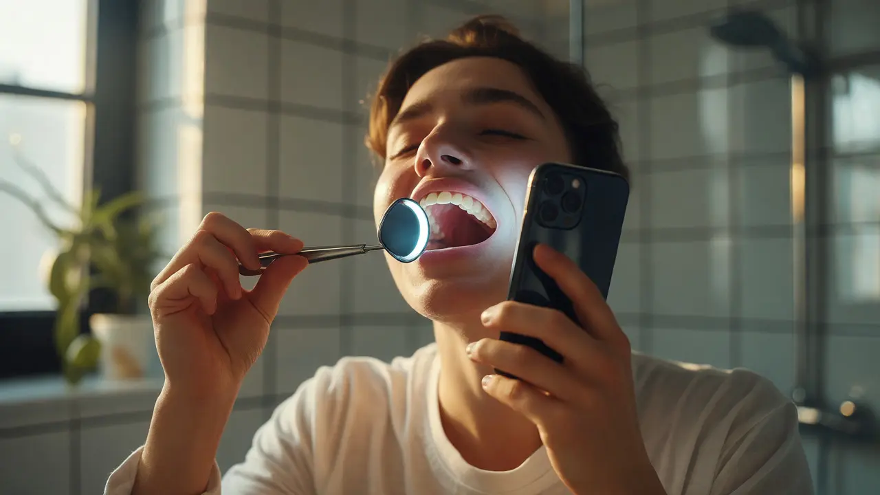 Osoba používající dentální zrcátko a telefon pro domácí kontrolu chrupu