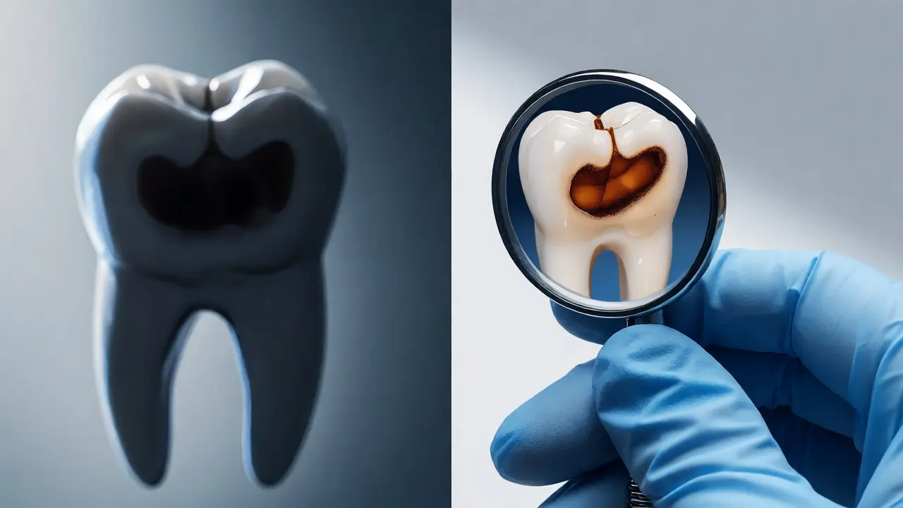 Porovnání přímého pohledu a jasného obrazu v dentálním zrcátku