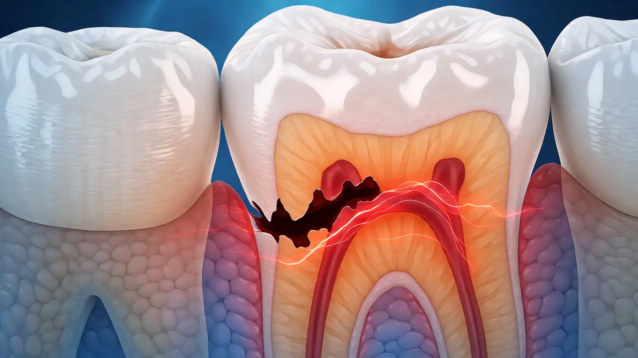 Průřez zubem znázorňující pronikání kazu do dentinu