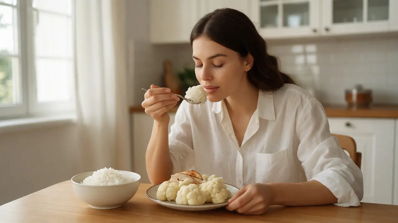 Žena jí bílou dietu po bělení zubů