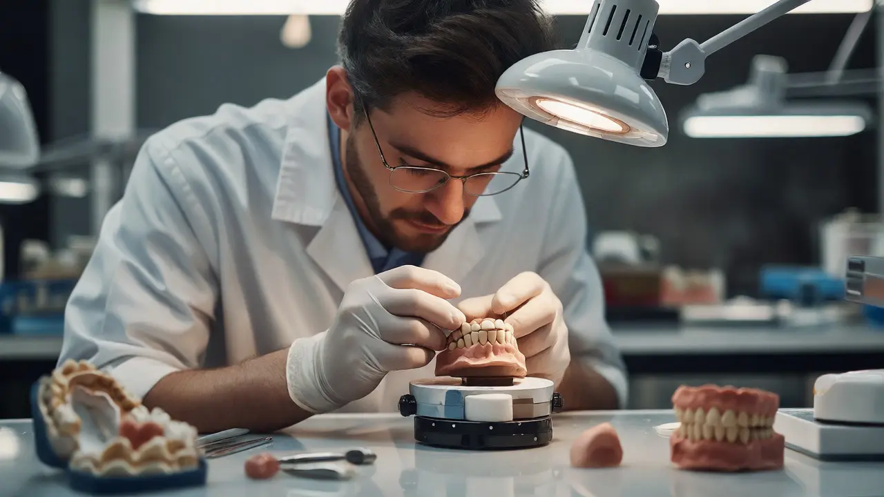 Zubní technik upravuje voskový model náhrady v laboratoři